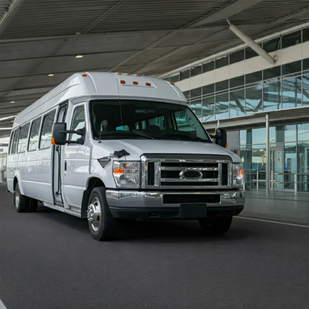 comfortable shuttle arriving at an airport