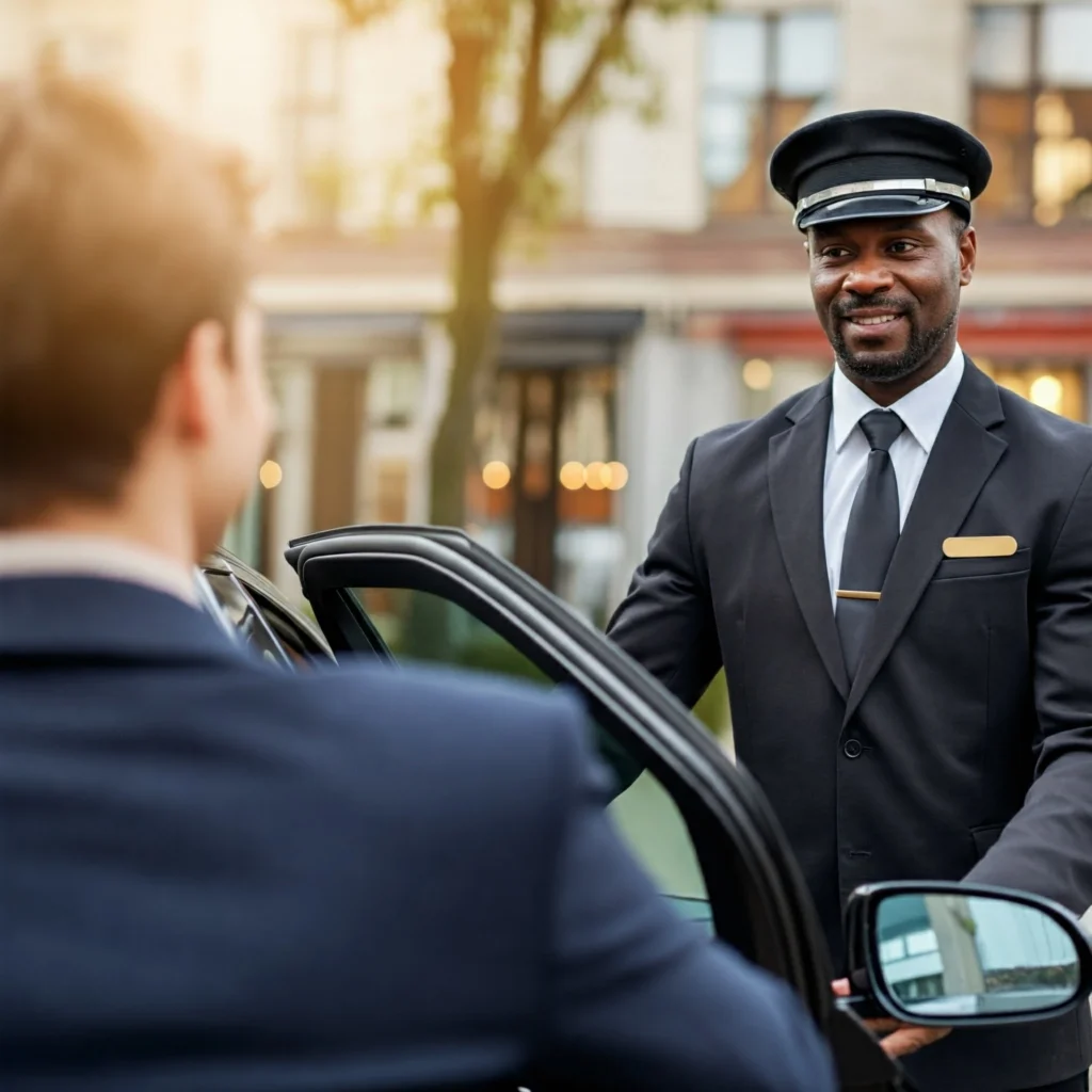 a friendly chauffeur assisting a passenger